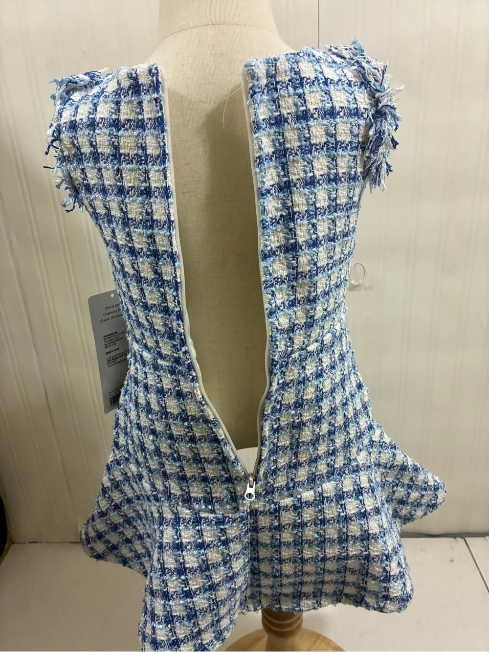 Blue Tweed Girls Dress with Velvet Bow